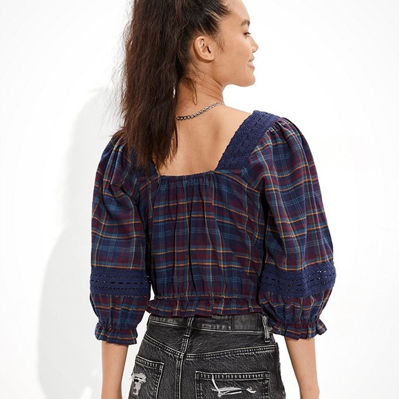 American Eagle Plaid Peasant Top Cropped Square Neck Blouse Small - Picture 4 of 10